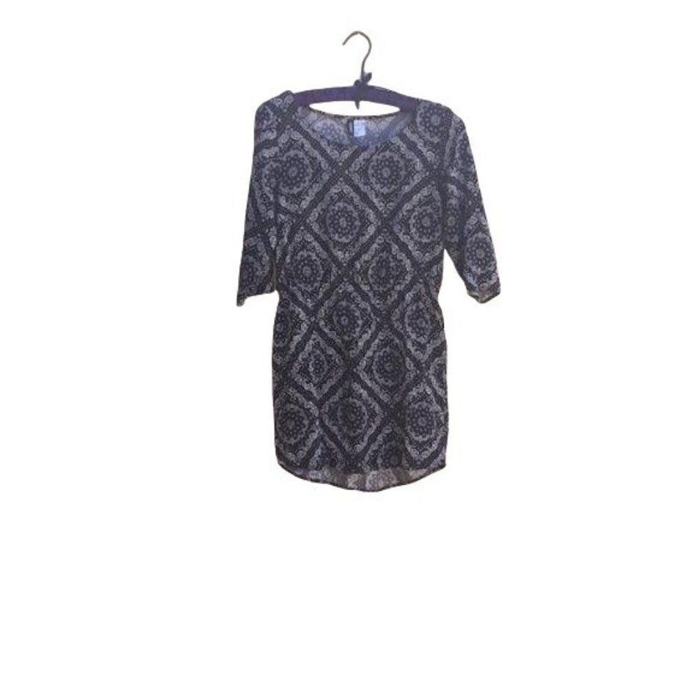 Divided Mini Shirt Dress Lightweight 3/4 Sleeve Bandana Medallion Black Sz 6‎